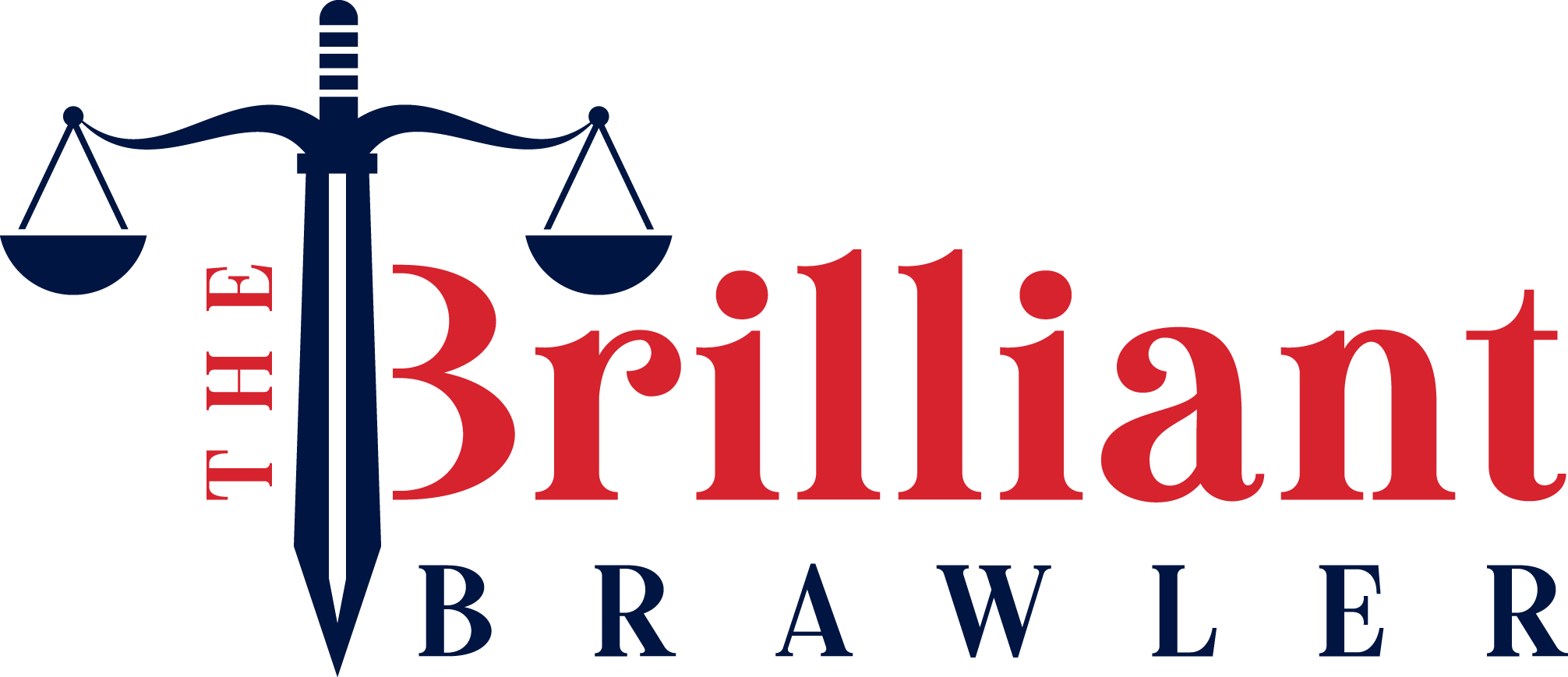 Logo with a sword and scale forming a justice symbol. The word 