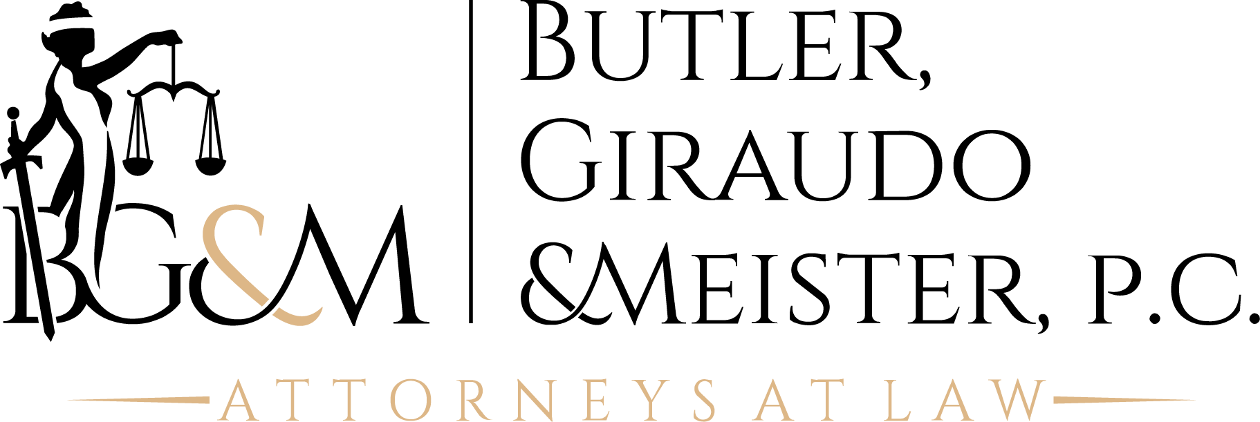 Logo for Butler, Giraudo & Meister, P.C., Attorneys at Law, featuring a stylized Lady Justice holding scales and the firm's initials 