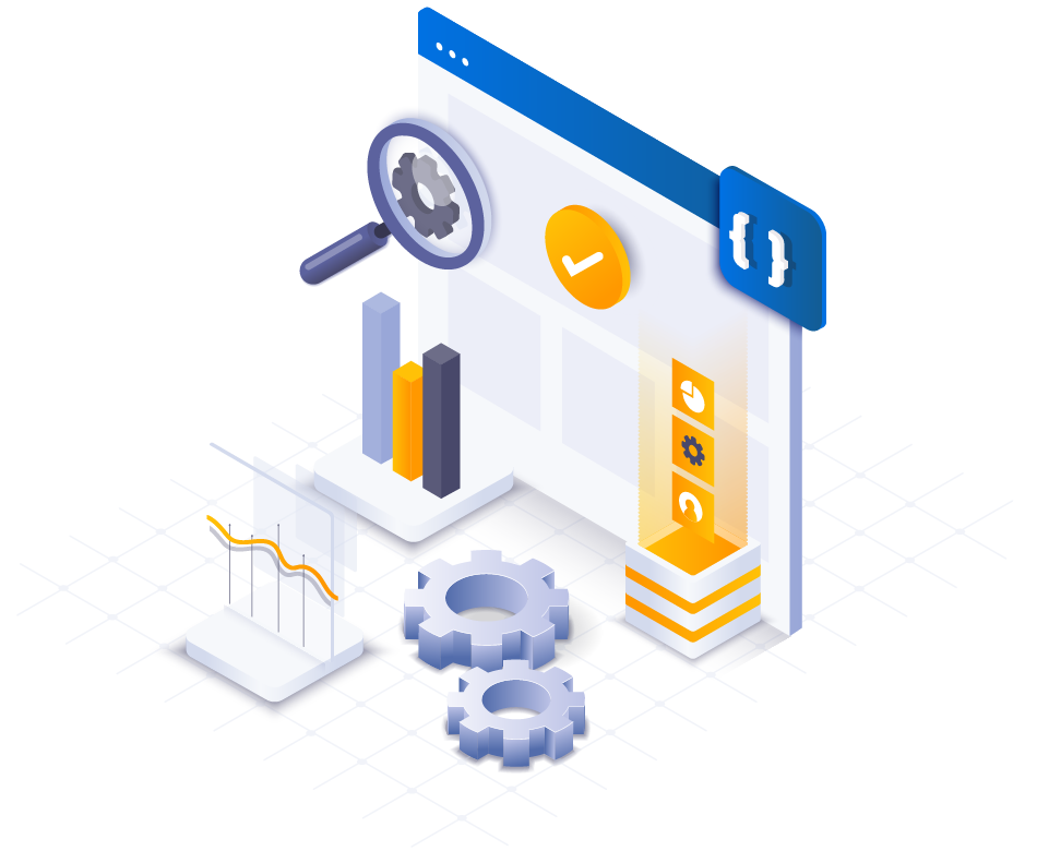 A 3D illustration of a digital interface depicting data analysis and processing for law firm marketing services. It includes a magnifying glass, bar and line graphs, gears, and icons representing coding and settings against a grid background.