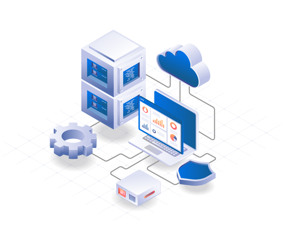 Isometric illustration depicting cloud computing infrastructure. It showcases servers, a laptop displaying charts and graphs, cloud storage icon, gear symbol, shield icon, and interconnected cables on a grid-patterned surface. Annotations indicate Law Firm Marketing Services to highlight secure data connectivity solutions.