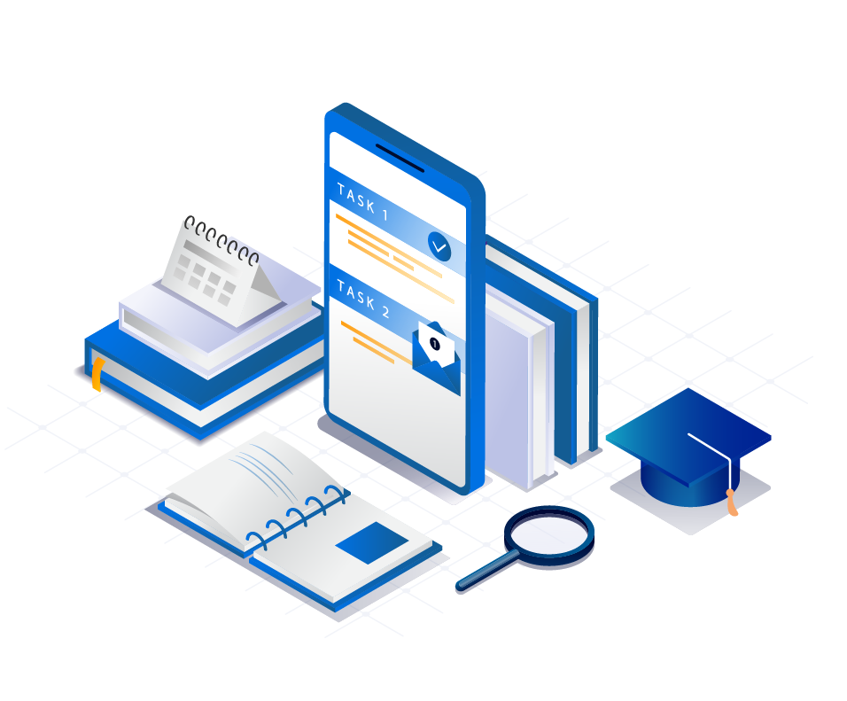 Isometric illustration featuring a smartphone displaying a task list, a stack of books, an open notebook, a magnifying glass, a graduation cap, and a small desk calendar. The scene suggests educational or organizational themes akin to those seen in law firm marketing services.