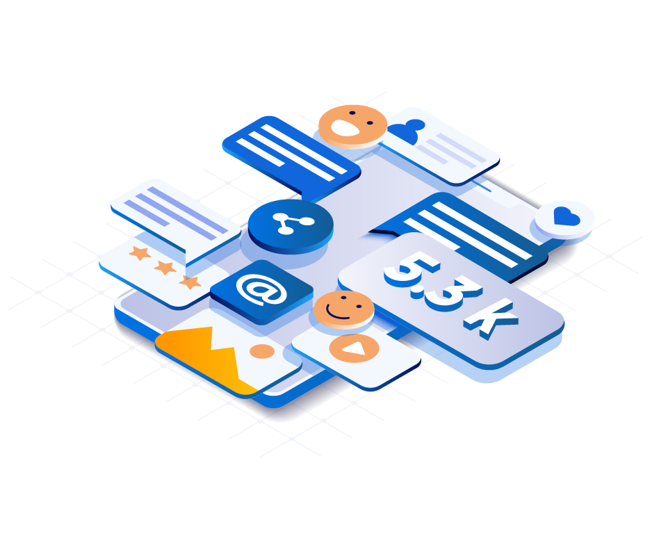 A 3D isometric illustration showcasing diverse social media elements, including chat bubbles, like and share icons, email symbols, a picture icon, and a play button. Two smiley faces sit on the grid. One bubble displays 
