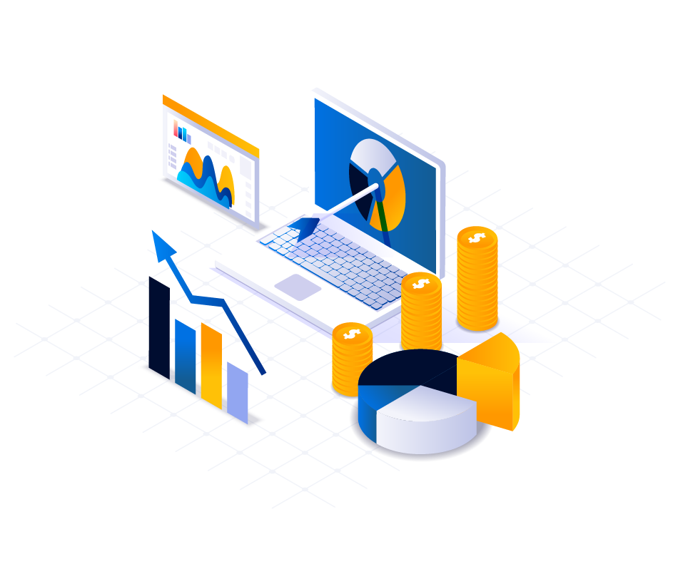 An illustration depicts a digital financial analysis setup with charts and graphs on a laptop and monitor. Rising bar and pie charts, an upward arrow, and stacks of coins symbolize financial growth—all elements that align perfectly with law firm marketing services focused on financial success.