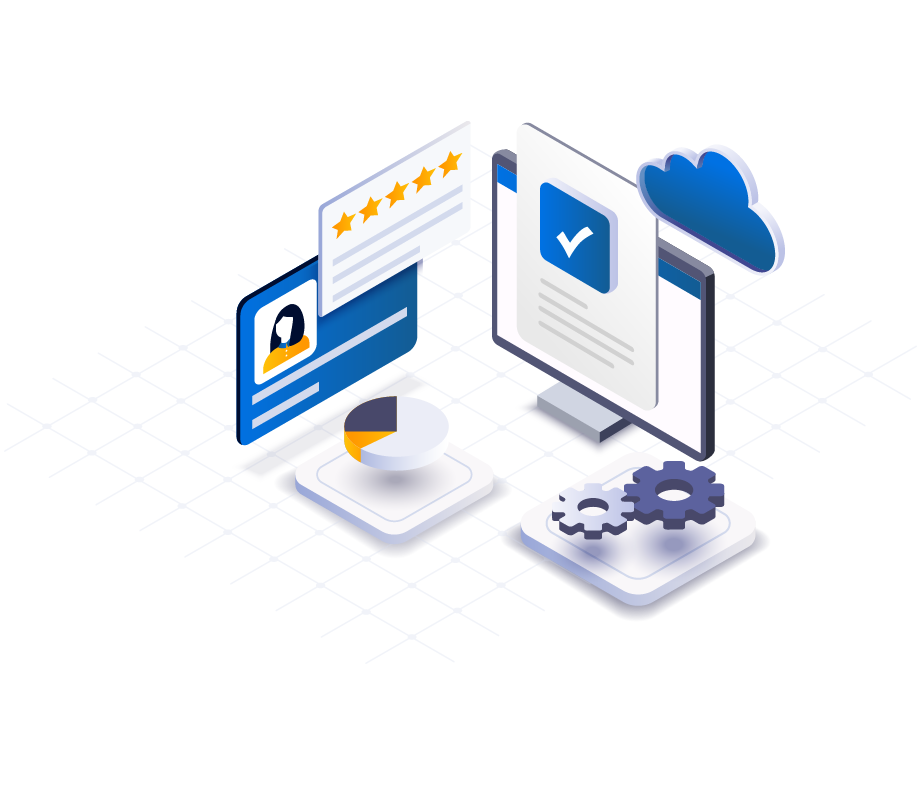 An isometric illustration of digital technology components, including a user profile card with a photo, a cloud icon, a monitor with a checkmark, and elements like a pie chart, gears, and star rating widget—all arranged on a grid pattern—perfect for showcasing law firm marketing services.