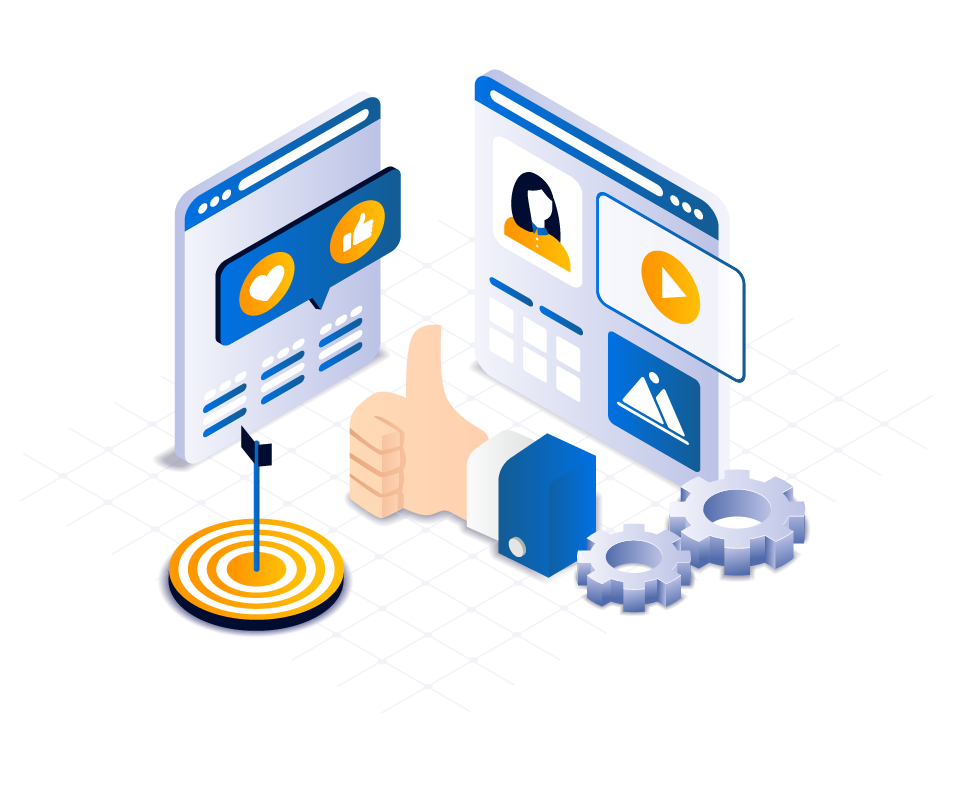 An illustration of a digital social media interface. One screen shows heart and thumbs-up icons, and another displays a profile and multimedia content. A large thumbs-up hand, target, and two gears are also present, all set against a grid background—perfect for showcasing law firm marketing services.