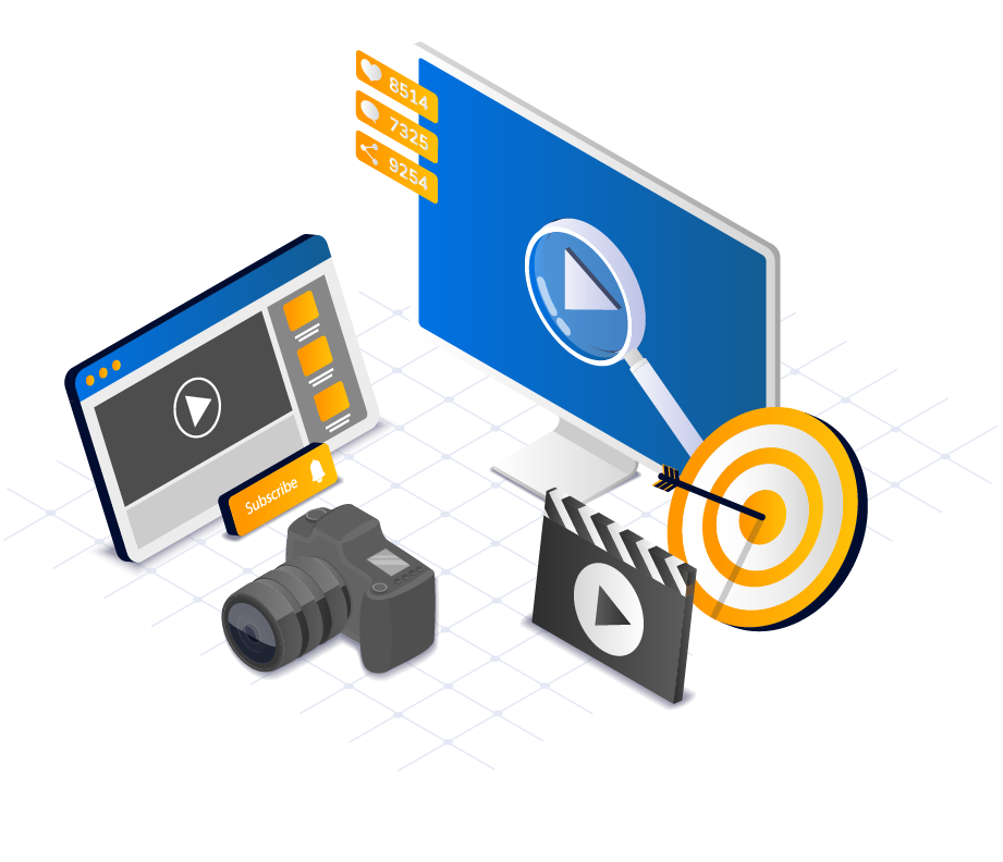 Digital marketing concept illustration showing a computer screen, a tablet with a subscribe button, a video camera, a clapperboard with a play button, and a bullseye with an arrow. There are also digital indicators with numbers representing views or likes, perfect for showcasing Law Firm Marketing Services.