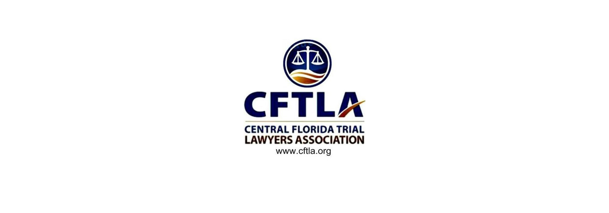 Logo of the Central Florida Trial Lawyers Association (CFTLA) featuring a blue circle with a pair of scales signifying justice, over a swoosh of red and yellow. CTFLA Members Legal Marketing Company concept image