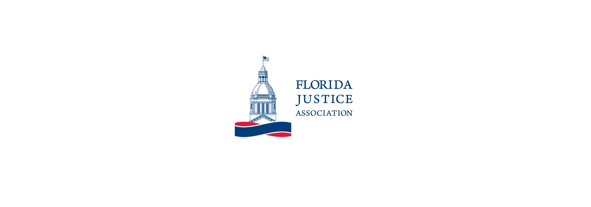 Logo of the Florida Justice Association featuring a stylized blue and white depiction of a government building with a flag on top, accompanied by the text 