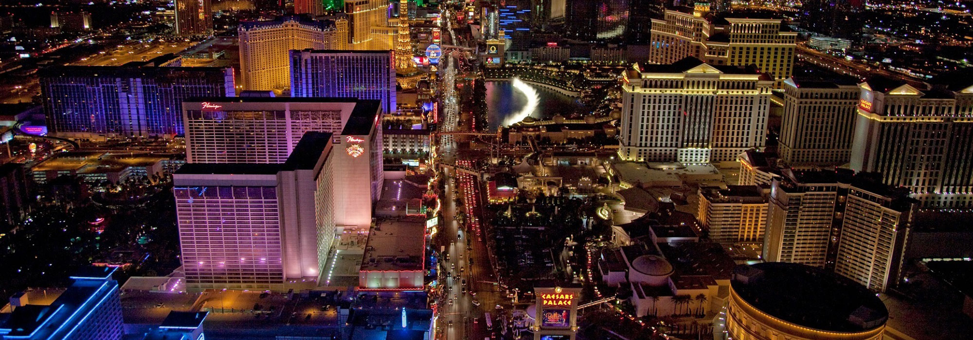 The Vegas Strip in Las Vegas Nevada, lit up at night seen from aerial viewpoint