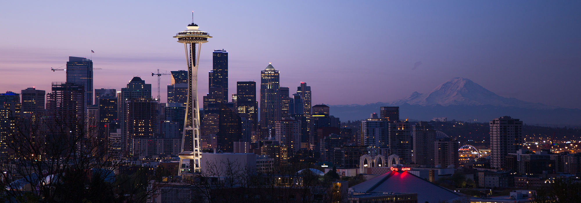 Space Needle tower over Seattle, Washington Skyline at dusk