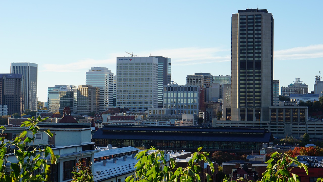 Richmond Virginia skyline view mingles modern and historic buildings under a clear blue sky, with prominent tall structures commanding attention. Green foliage graces the foreground, setting the stage for Virginia's finest law firms to embrace innovative marketing amidst this urban charm; Virginia Law Firm Marketing concept image
