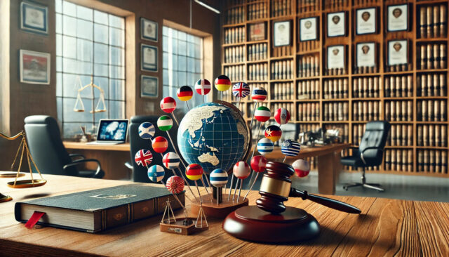 A globe surrounded by small flags from various countries rests beside a gavel and a law book on a desk in a library lined with legal volumes. Scales of justice and framed certificates are visible in the background, echoing the precision of multilingual web pages that bridge global understanding.