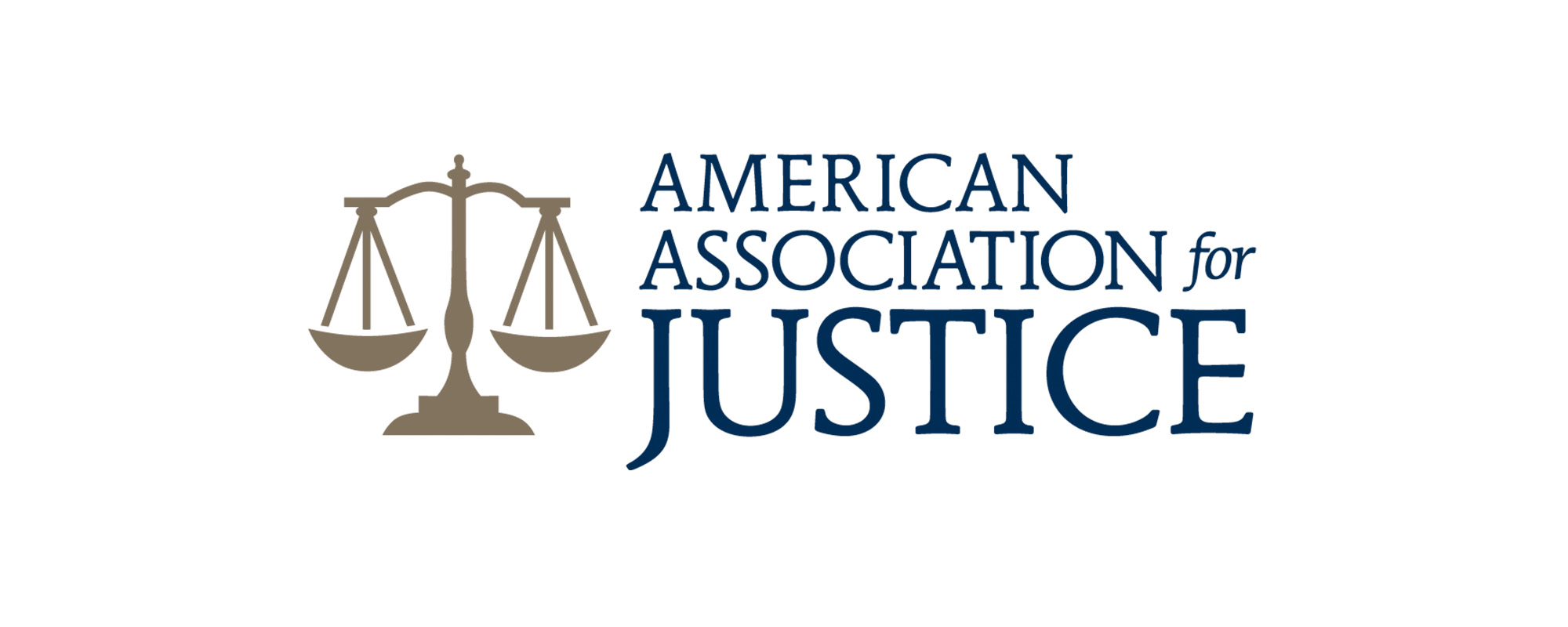 Logo of the American Association for Justice, alongside balanced scales of justice, with the organization's name in blue and gray text on a white background—similar in style to the New Jersey Association For Justice logo.