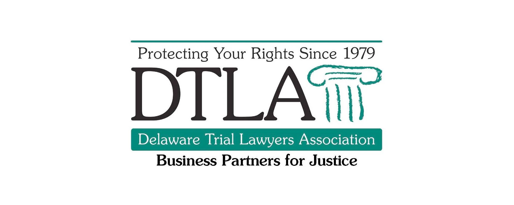 Logo for Delaware Trial Lawyers Association featuring a pillar, the text 