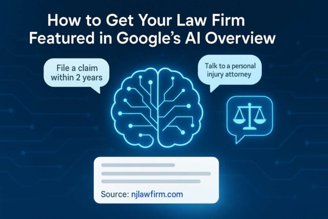 A digital graphic shows a glowing brain icon, speech bubbles with legal advice, and text: “How to Get Your Law Firm Featured in Google’s AI Overview.” Source: njlawfirm.com.