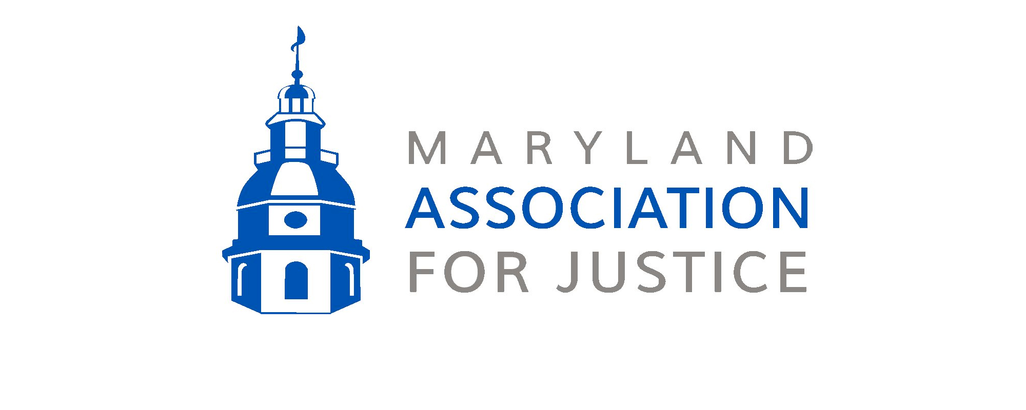 Logo of the Maryland Association For Justice featuring a blue illustration of a domed building on the left and the organization's name in gray and blue text on the right.