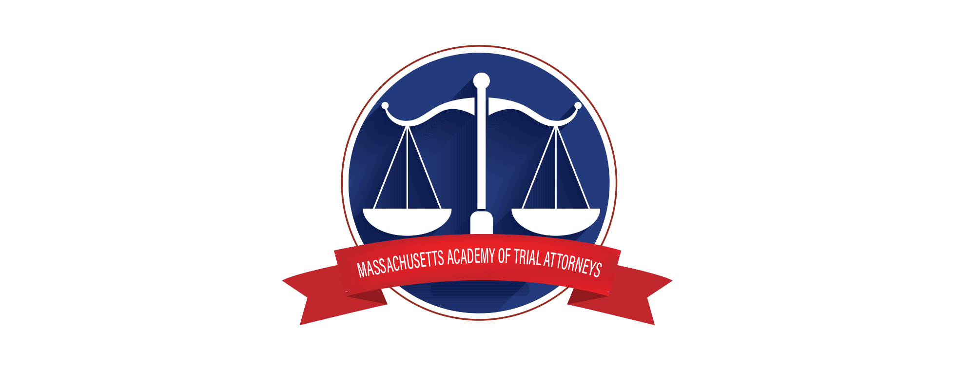 A blue and white justice scale inside a circle with a red ribbon below, displaying the text 