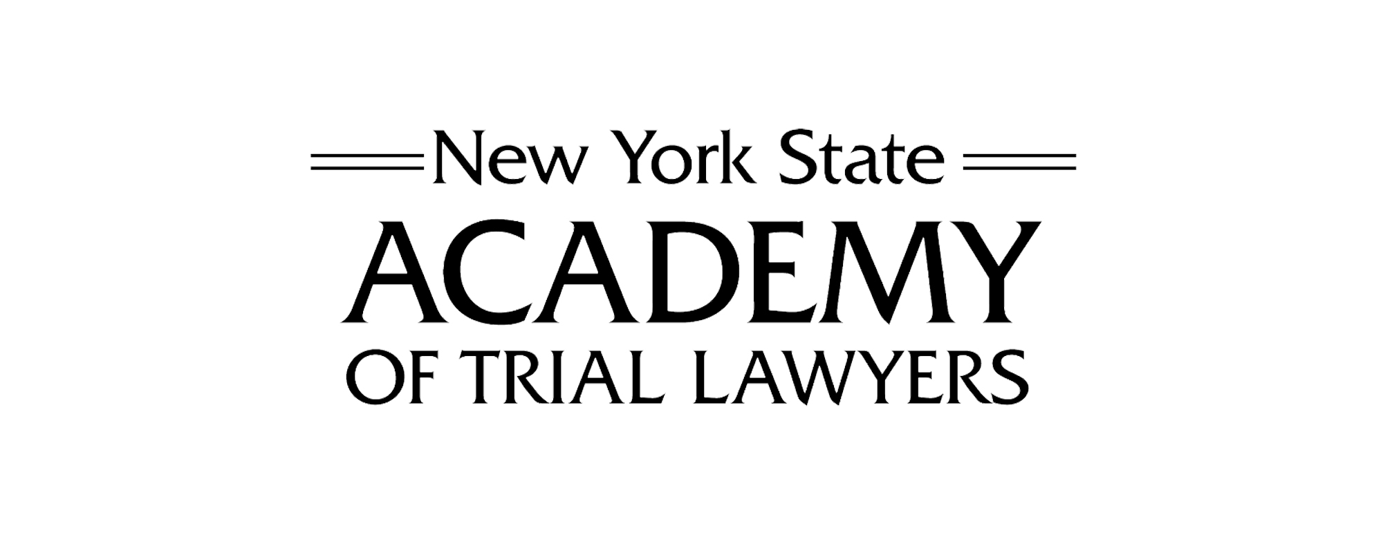 Logo for the New York State Academy of Trial Lawyers, designed by a Legal Marketing Company, features the organization's name in bold black text on a white background with horizontal lines flanking 