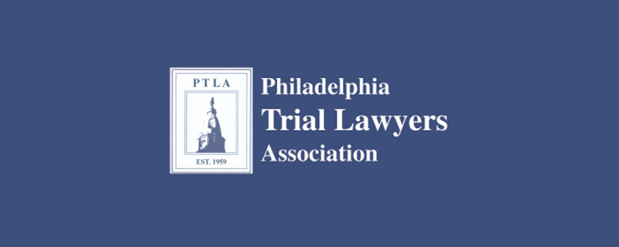 Logo of the Philadelphia Trial Lawyers Association, created in collaboration with a Legal Marketing Company, featuring a statue silhouette in a box on the left and the organization's name in white text on a blue background.