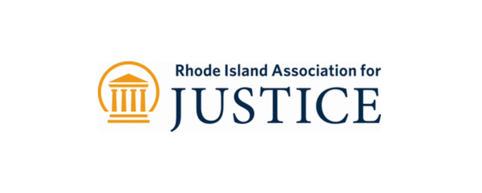 Logo of the Rhode Island Association for Justice, featuring a yellow outline of a classical courthouse next to the organization’s name in blue text on a white background, representing Rhode Island law firms.