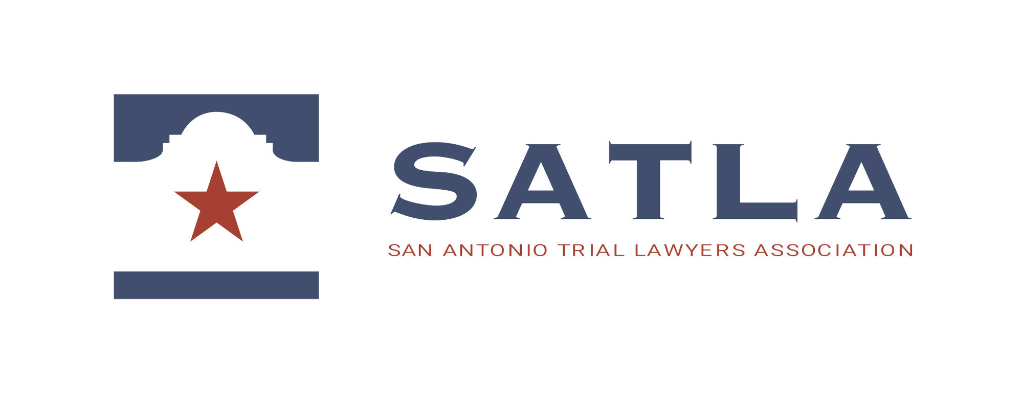 Logo for the San Antonio Trial Lawyers Association (SATLA), designed in partnership with a Legal Marketing Company, featuring a blue silhouette of an arch with a red star inside, and the text 