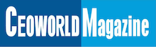 Logo for CEOWORLD Magazine with bold white text on a split blue background; 