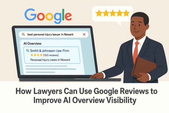 An illustration of a lawyer holding a folder stands beside a laptop displaying a Google search for 