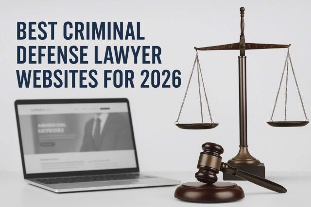 A laptop displaying a blurred website, with a judge’s gavel and scales of justice in front. Text reads: “Best Criminal Attorney Websites 2026.”.