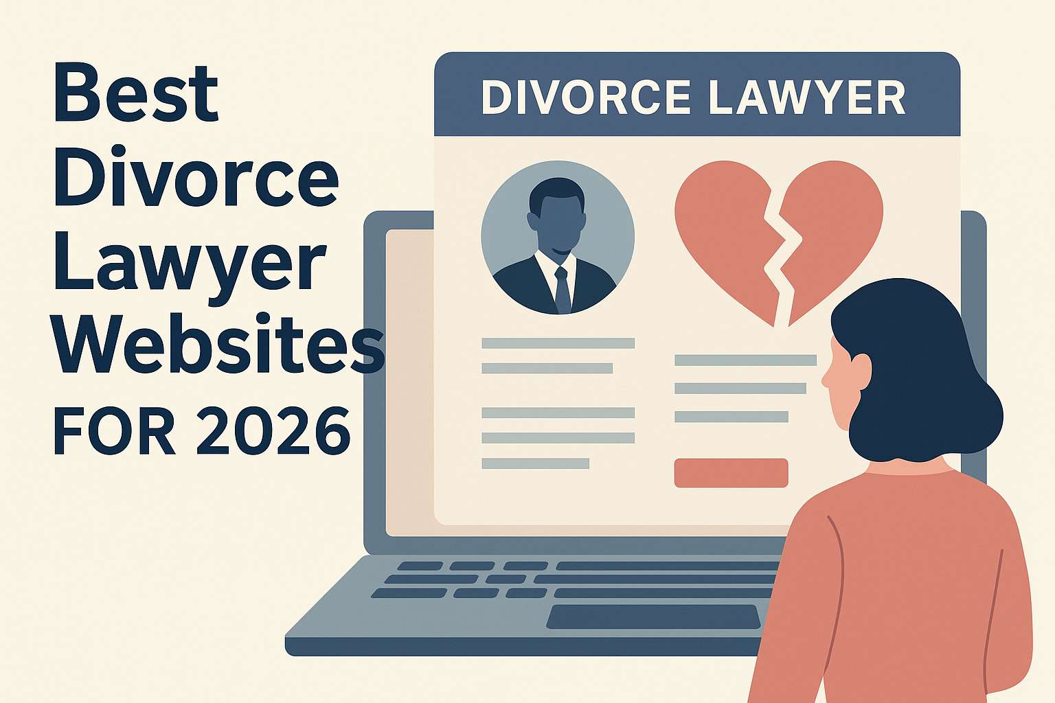Illustration of a woman viewing a laptop screen displaying a divorce lawyer profile with a broken heart icon. Text reads, 