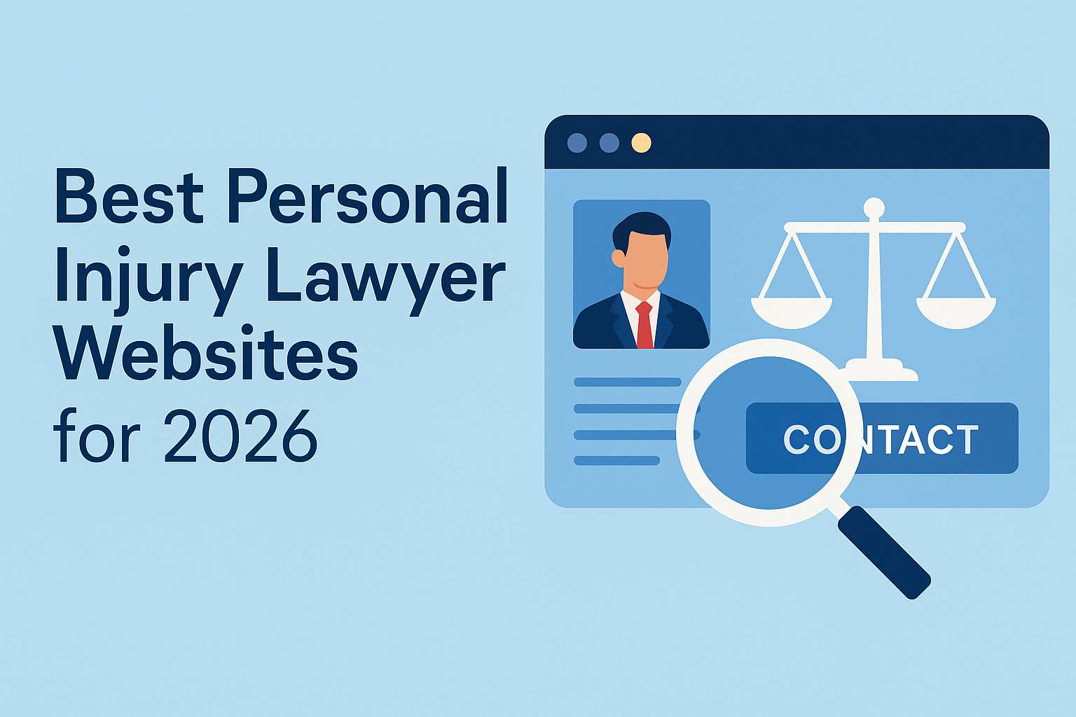 Illustration of a webpage with a lawyer’s profile, scales of justice, and magnifying glass over